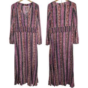 Soft Surroundings Esperanza Dress Womens Large Boho Maxi Puff Sleeve V Neck